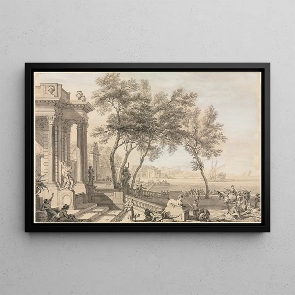a fantastic harbor scene with architecture and figures - Isaac de Moucheron — framed artwork on a wall