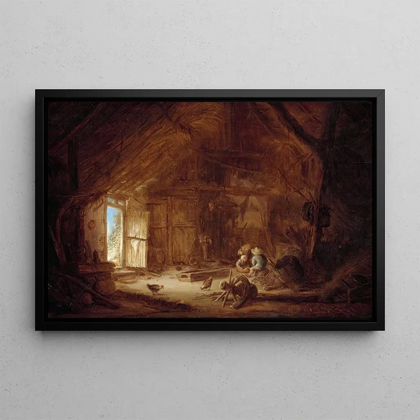 Interior of a barn with three children - Isaac van Ostade — framed artwork on a wall