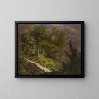 Forest landscape with waterfall - Isaak Fürstenberger — framed artwork on a wall