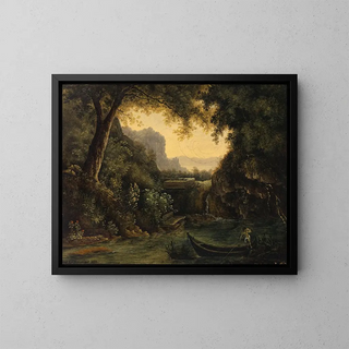 River landscape with nude sailor - Isaak Fürstenberger — framed artwork on a wall
