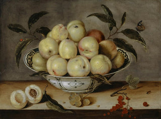 Still life with peaches in a Chinese porcelain bowl - Isaak Soreau — artwork view