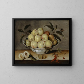 Still life with peaches in a Chinese porcelain bowl - Isaak Soreau — framed artwork on a wall