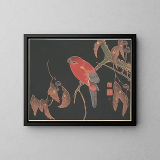 Parrot rouge sur la branche d'un arbre - Itō Jakuchū — framed artwork on a wall