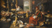 Interior kitchen painting with a chef and his assistant surrounded by meats and kitchen utensils, a fireplace on the right - Italian-Flemish School — artwork view