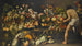 an interior with fruits, vegetables, and flowers arranged on a table and the floor with a woman and two men - Italian-Flemish School — artwork view