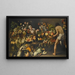 an interior with fruits, vegetables, and flowers arranged on a table and the floor with a woman and two men - Italian-Flemish School — framed artwork on a wall