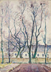 Landscape painting with trees and architectural ensemble behind a wall - Ivan Ivanec — artwork view
