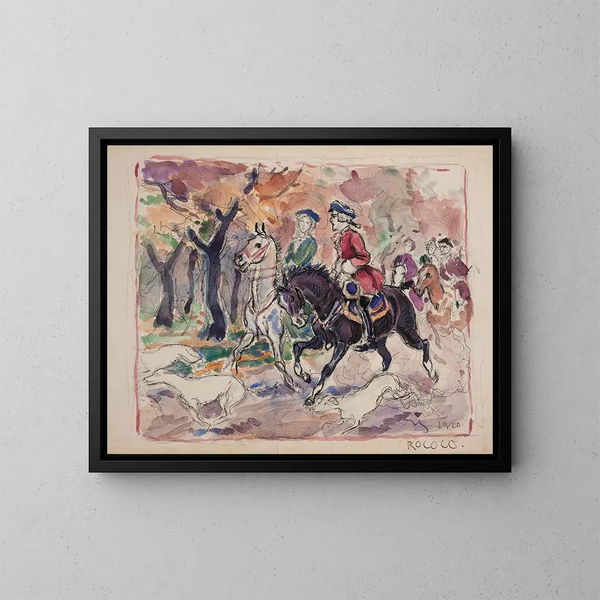 Scene of genre: couple in 18th-century costumes on horseback in the woods - Ivan Ivanec — framed artwork on a wall