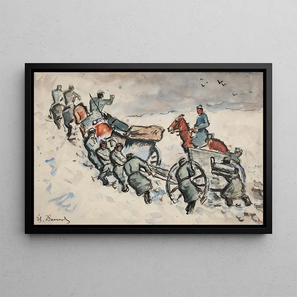 Transport d'un Canon sur une Colline Enneigée - Ivan Ivanec — framed artwork on a wall