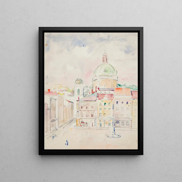 Vue d'un fragment de la place du Marché et de l'église dominicaine - Ivan Ivanec — framed artwork on a wall