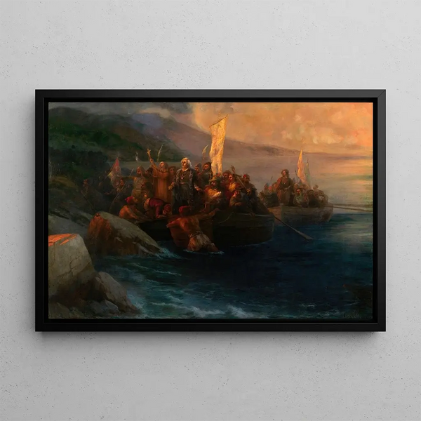 The Landing of Christopher Columbus with His Companions on Three Small Boats on Friday, October 12, 1492, at sunrise on an American island named San Salvador by him on the same day - Ivan Konstantinovich Aivazovsky — framed artwork on a wall