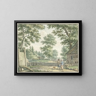 Landscape with Two People Near a Farm - Izaak Schmidt — framed artwork on a wall