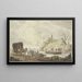 Winter landscape painting of a farm where boatmen break the ice on the left, a carriage - J H van Loon — framed artwork on a wall