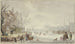 Winter landscape painting on the river, skaters on the left on the quay, a car - J H van Loon — artwork view