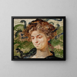 Portrait painting of Helena Sulima, actress as Gorgon - Jacek Malczewski — framed artwork on a wall