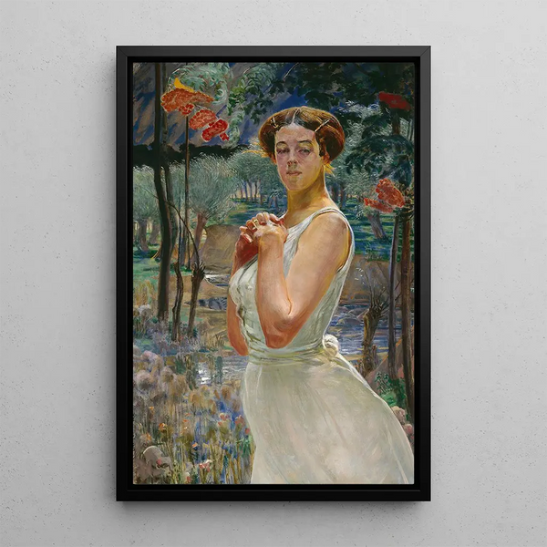 Portrait of a woman in front of a rowan tree grove - Jacek Malczewski — framed artwork on a wall