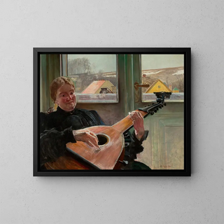 Portrait of the artist Helena's sister with a lute - Jacek Malczewski — framed artwork on a wall