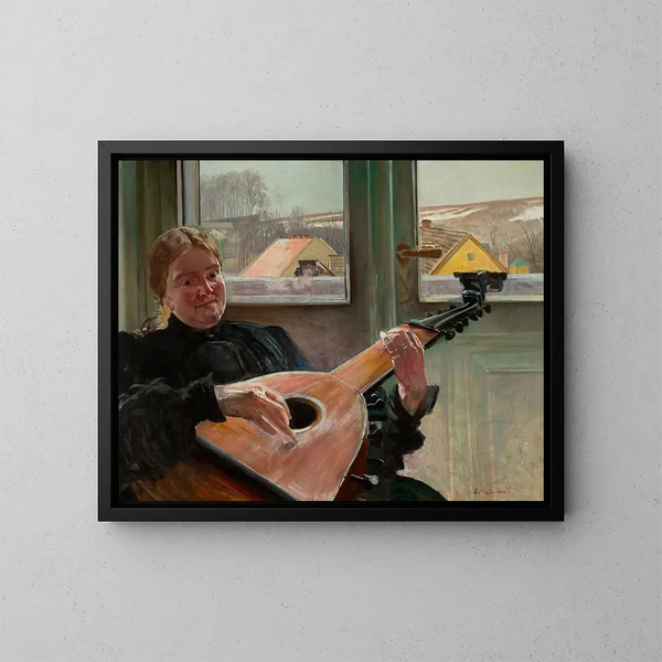 Portrait of the artist Helena's sister with a lute - Jacek Malczewski — framed artwork on a wall