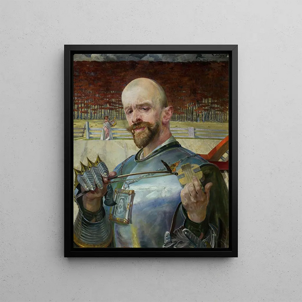 Self-portrait in armor with violins - Jacek Malczewski — framed artwork on a wall