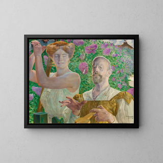 Self-portrait with muse and buddleia - Jacek Malczewski — framed artwork on a wall