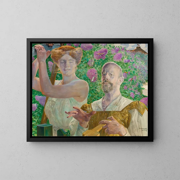 Self-portrait with muse and buddleia - Jacek Malczewski — framed artwork on a wall