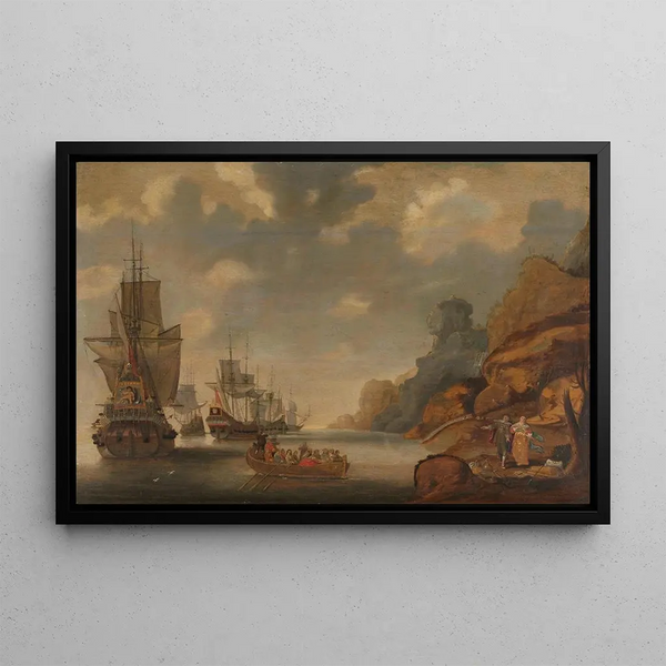 A French squadron near a rocky coast - Jacob Adriaensz Bellevois — framed artwork on a wall