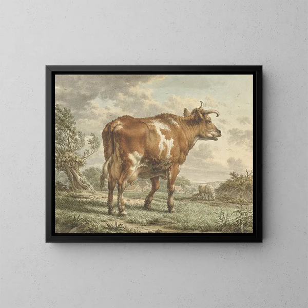 Cow red and white in a landscape - Jacob Cats — framed artwork on a wall