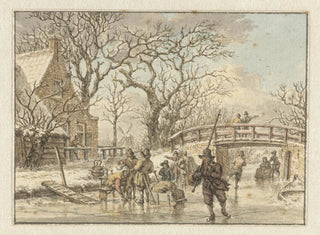 Winter landscape painting with skaters on a stream - Jacob Cats — artwork view