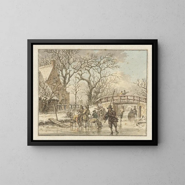 Winter landscape painting with skaters on a stream - Jacob Cats — framed artwork on a wall
