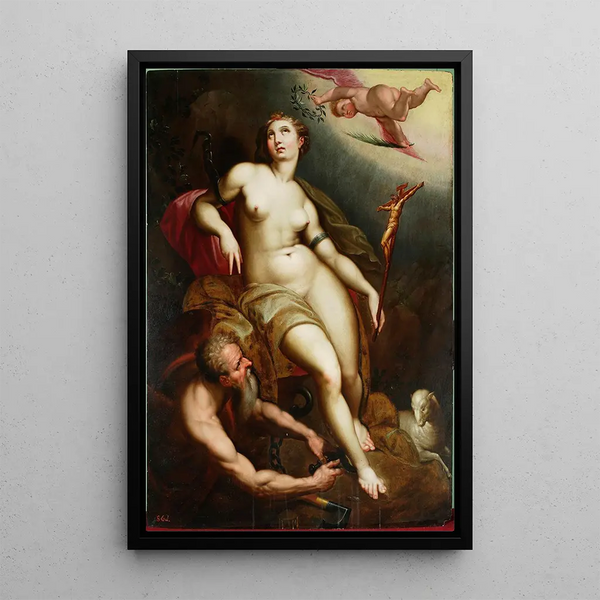 Allégorie de la patience chrétienne avec Chronos brisant les chaînes - Jacob de Backer — framed artwork on a wall