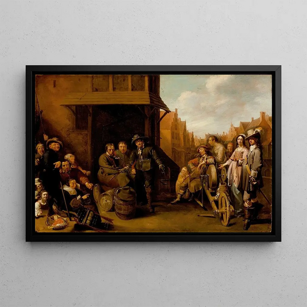 Street scene with sharpener and elegant couple - Jacob Duck — framed artwork on a wall