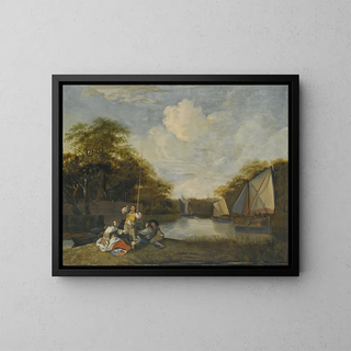 River landscape with fishermen - Jacob Esselens — framed artwork on a wall