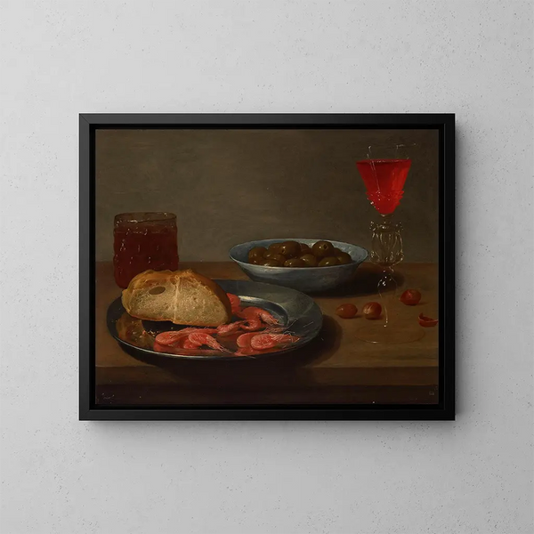 a plate of shrimp and a roll, a bowl of olives, a Venice pheasant, a glass of beer, and almonds on a table - Jacob Foppens van Es — framed artwork on a wall