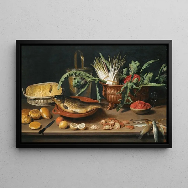 Nature morte with a fish on a terracotta plate, asparagus bunches, artichokes, and cherries in a fluted dish - Jacob Foppens van Es — framed artwork on a wall