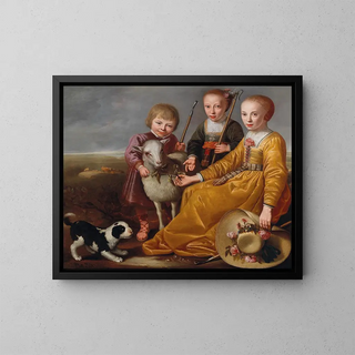 Three children with a goat and a dog in a landscape - Jacob Gerritsz Cuyp — framed artwork on a wall
