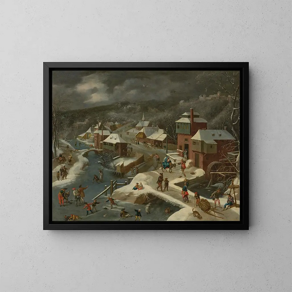 a winter landscape with the Flight into Egypt - Jacob Grimmer — framed artwork on a wall