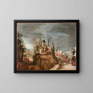 Allegory of the Seasons in a landscape - Jacob Grimmer — framed artwork on a wall
