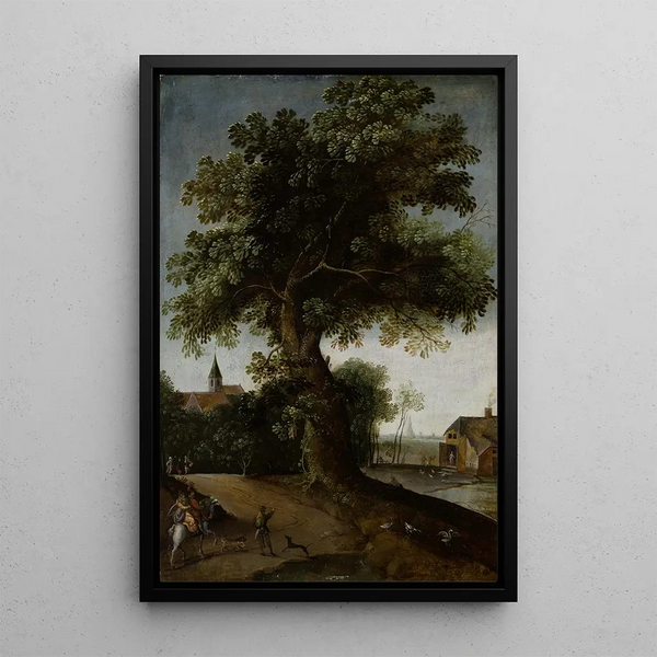 Landscape painting with large tree - Jacob Grimmer — framed artwork on a wall