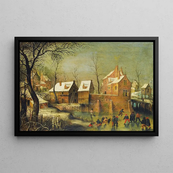 Urban landscape painting with skaters on an icy river - Jacob Grimmer — framed artwork on a wall