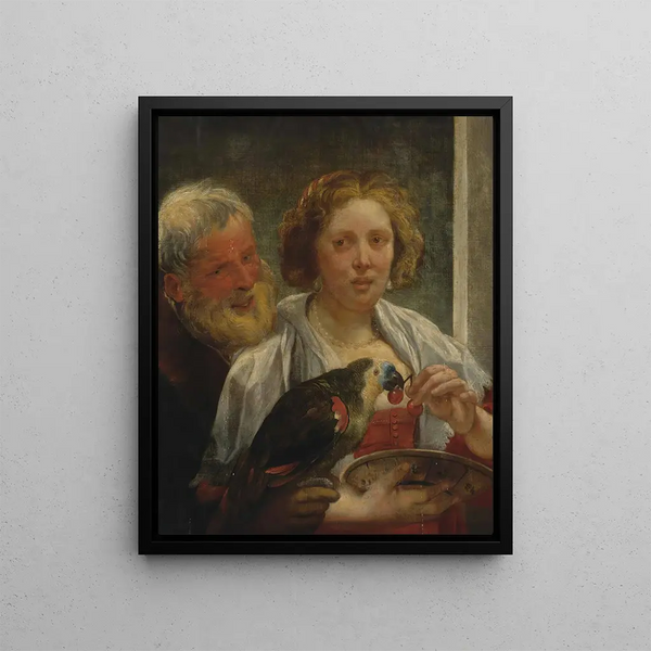 a bearded man and a woman with a parrot, an unrequited love - Jacob Jordaens — framed artwork on a wall