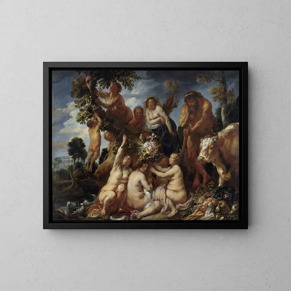 Achéloos defeated by Hercules, the origin of the cornucopia, allegory of fertility - Jacob Jordaens — framed artwork on a wall