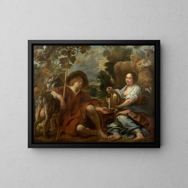 Bergère versant du lait à un berger - Jacob Jordaens — framed artwork on a wall