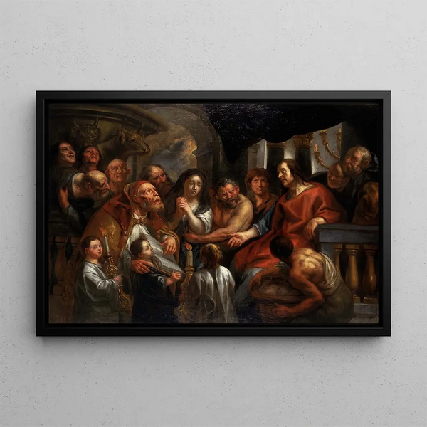 The Christ and the adulterous woman - Jacob Jordaens — framed artwork on a wall