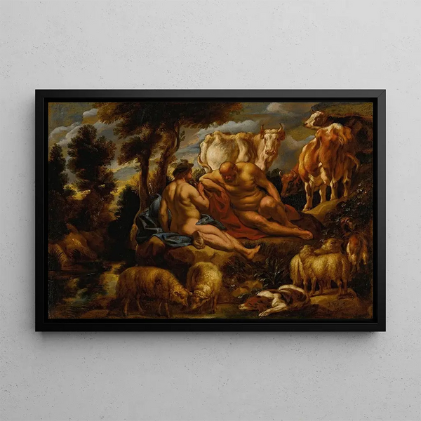 Mercury playing the flute to lull Argus with Io transformed into a white heifer - Jacob Jordaens — framed artwork on a wall