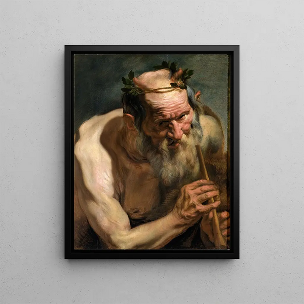 Old satyr holding a flute - Jacob Jordaens — framed artwork on a wall