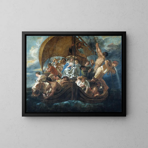 La Sainte Famille avec divers personnages et animaux dans une barque - Jacob Jordaens — framed artwork on a wall