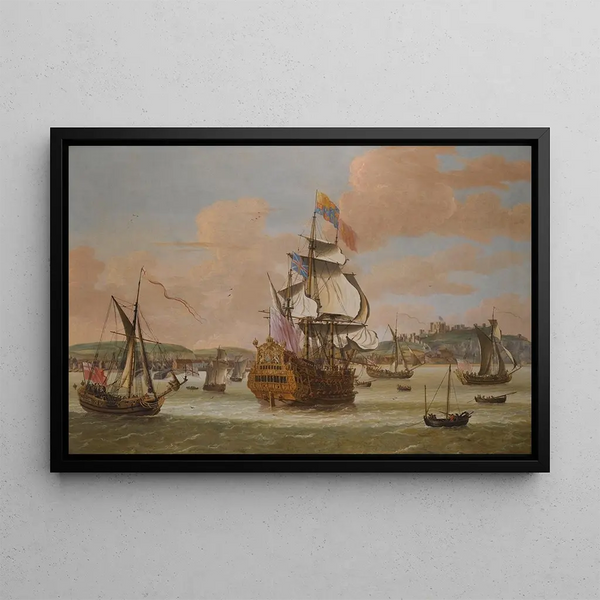 Charles II and James, Duke of York, aboard the HMS Triumph with three royal yachts off the coast of Dover - Jacob Knyff — framed artwork on a wall