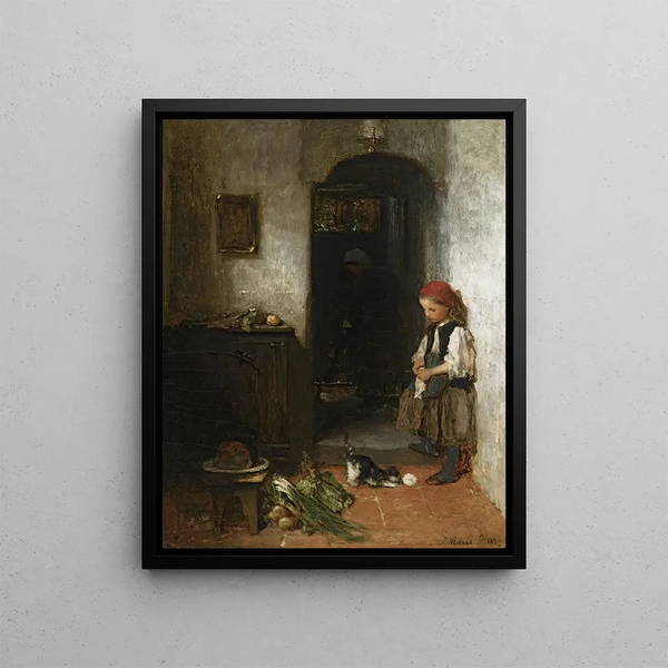 a girl with a kitten playing - Jacob Maris — framed artwork on a wall