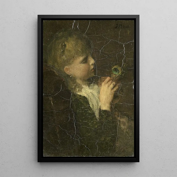 Girl with a peacock feather - Jacob Maris — framed artwork on a wall