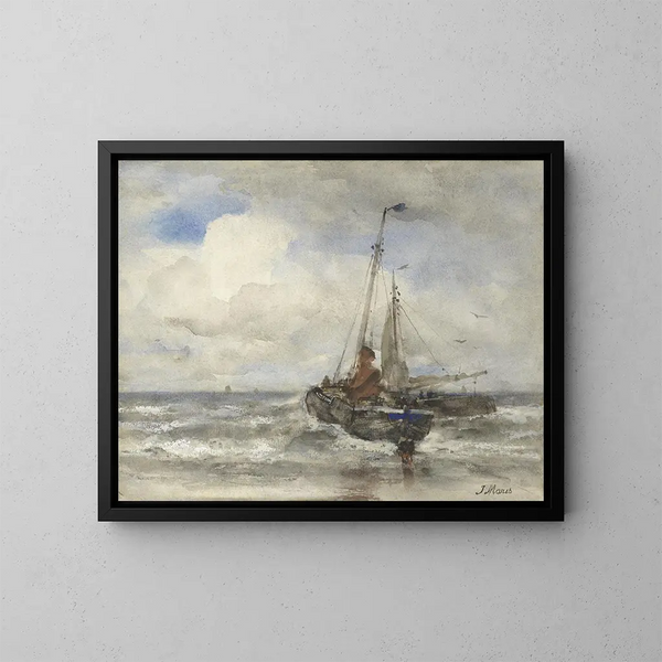 Two fishing boats on the beach - Jacob Maris — framed artwork on a wall
